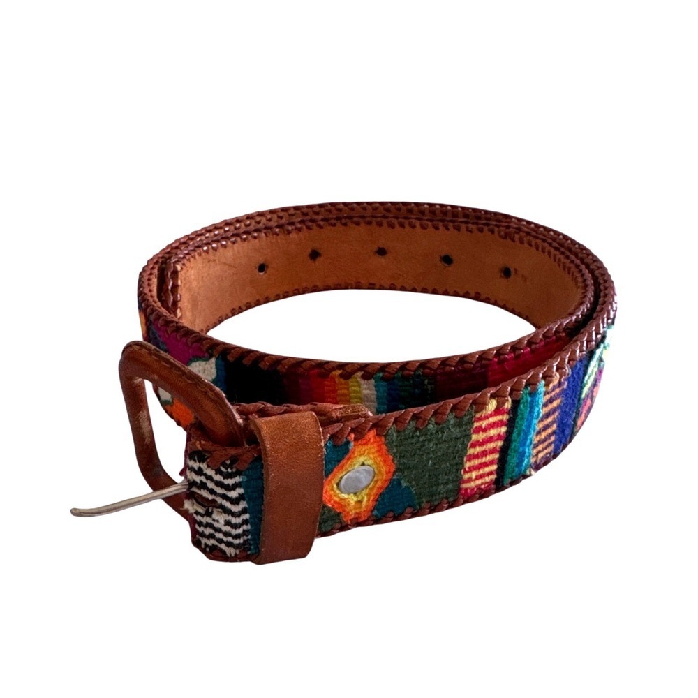 Vintage Boho Multicolor Leather Belt Handwoven Colorful Southwest Artisan XS
